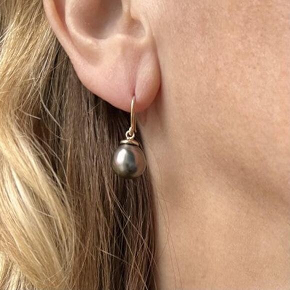 Matira Bora Bora Gold Plated Black Genuine Tahitian Pearl Dangle Earrings - Picture 1 of 4